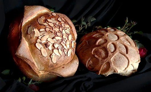 bread, rustic, baking, food and drink, freshness, close-up, food, still life, indoors, no people, high angle view, ready-to-eat, brown, healthy eating, wellbeing, seed, table, focus on foreground, pattern, nut, bun, indulgence, black background, snack, temptation, 2K, CC0, public domain, royalty free
