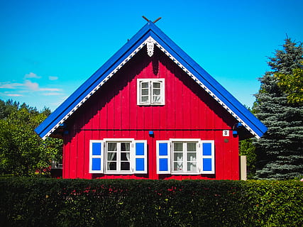 nothing, empty, architecture, built structure, building exterior, tree, plant, building, house, blue, no people, red, window, sky, day, nature, outdoors, residential district, shape, cottage, facade, sunlight, 2K, CC0, public domain, royalty free