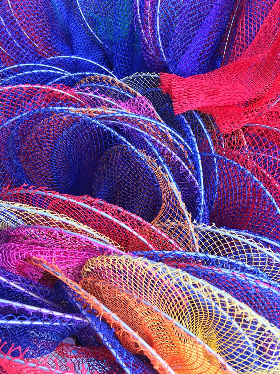 acqua, appena, estate, pesce, fotogramma intero, sfondi, modello, tessile, nessuno, avvicinamento, strutturato, multicolore, filo, natura morta, rete da pesca, Materiale, industria, pesca, blu, complessità, rosso, in casa, finanza aziendale e industria, variazione, viola, industria ittica, morbidezza, 4K