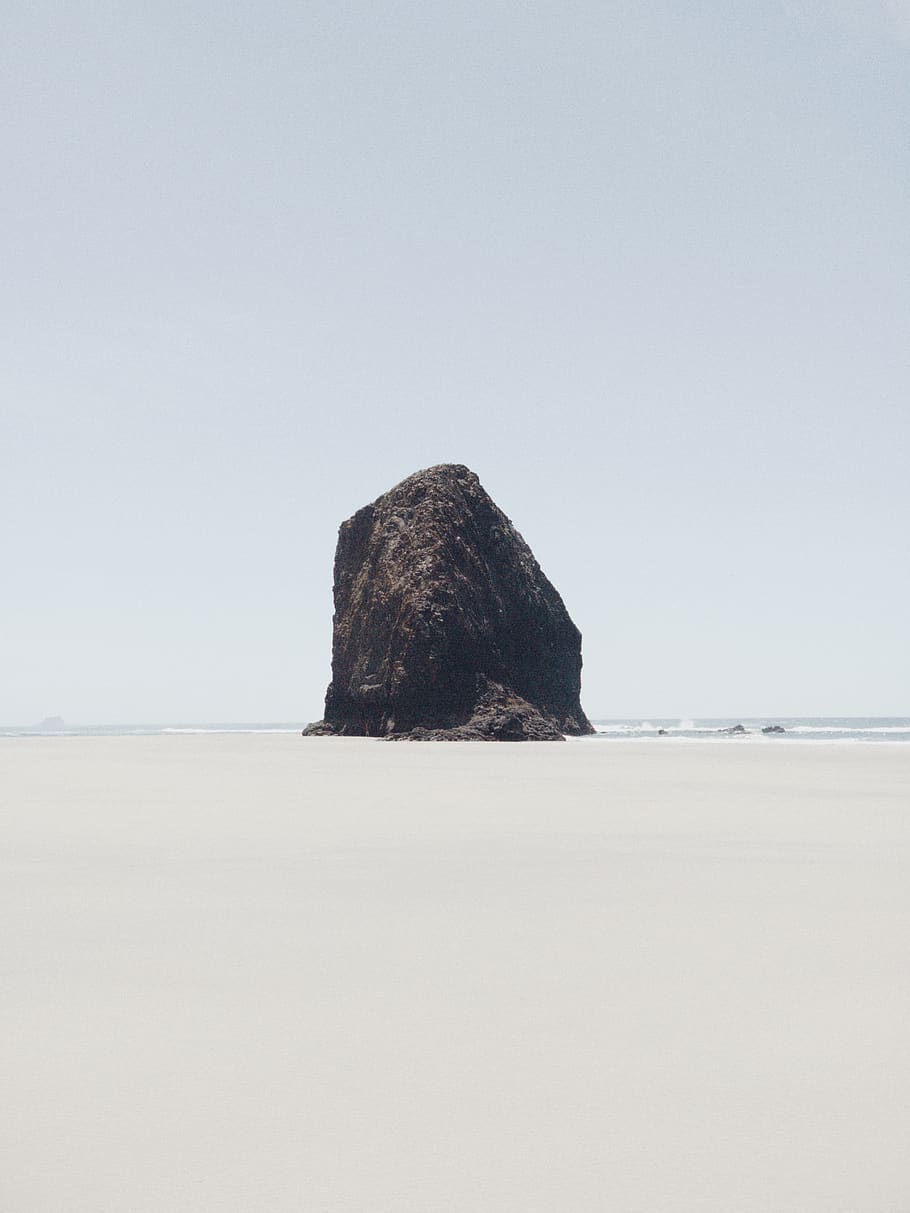 grau, Rock, Strand, Land, draußen, Natur, Ozean, Wasser, Meer, Küstenlinie, Küste, Insel, Clatsop County, Vereinigte Staaten, 81303 Oregon Coast Highway, Vorgebirge, Leben im Meer, Tier, Riff, Cliff, Landschaft, Holz, Himmel, Rock - Objekt, Schönheit in der Natur, Felsformation, ruhige Szene, solide, Ruhe, Szenen - Natur, klarer Himmel, keine Leute, kopieren sie platz, Tag, idyllisch, Horizont über Wasser, Gestein stapeln, 4K