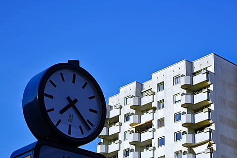 time, time conversion, clock, sky, blue, building exterior, architecture, built structure, low angle view, building, clear sky, no people, day, shape, geometric shape, nature, minute hand, circle, city, clock face, copy space, 5K, CC0, public domain, royalty free