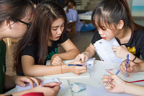 study, in, classroom, child, women, childhood, group of people, girls, sitting, education, holding, concentration, indoors, real people, learning, headshot, togetherness, adult, art and craft, paper, people, pen, casual clothing, studying, 5K, CC0, public domain, royalty free