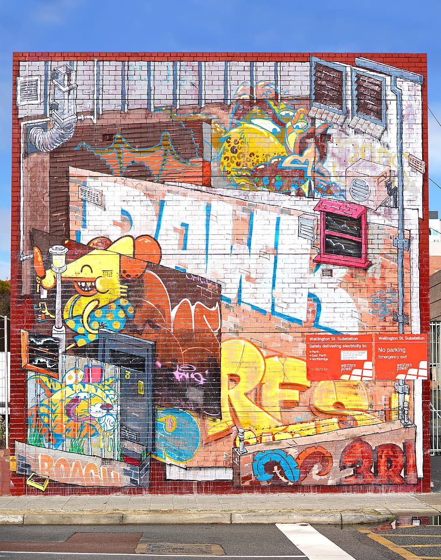 annuncio pubblicitario, manifesto, graffiti, arte, pittura, murale, parete, mattone, urbano, città, illegale, astratto, roccia, Perth, grafico, Australia, creativo, marciapiede, colorato, strada, multicolore, architettura, creatività, arte di strada, arte e artigianato, struttura costruita, caratteristica della parete, esterno dell'edificio, nessuno, rappresentazione umana, comunicazione, all'aperto, rappresentazione, muro di mattoni, 2K