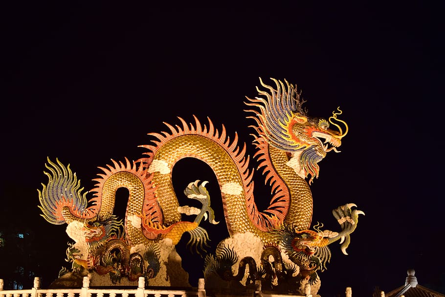 Drago, oro, notte, rappresentazione, rappresentazione animale, arte e artigianato, Drago cinese, creatività, nessuno, vacanza, celebrazione, scultura, illuminato, statua, Festival, mestiere, Capodanno cinese, natura, all'aperto, festival delle lanterne cinesi, ornato, 5K